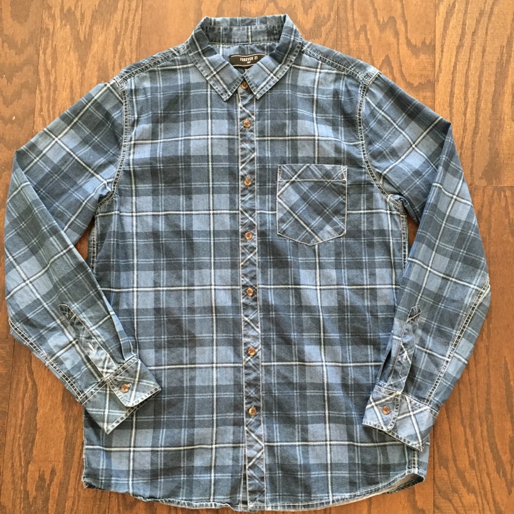 Forever 21 Mens Blue Plaid Button Down Size Medium